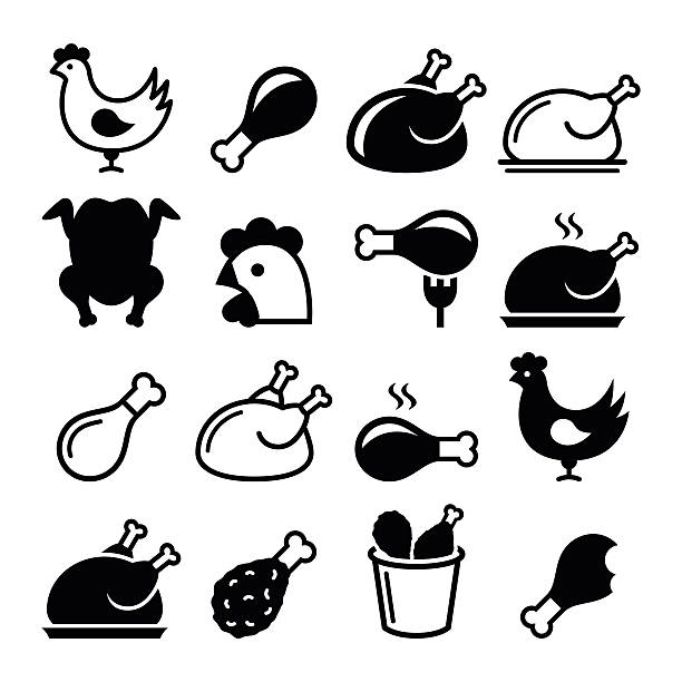 Chicken, fried chicken legs - food icons set 
Vector icons set - chicken leg, chicken dish vector icons set  chicken meat stock illustrations
