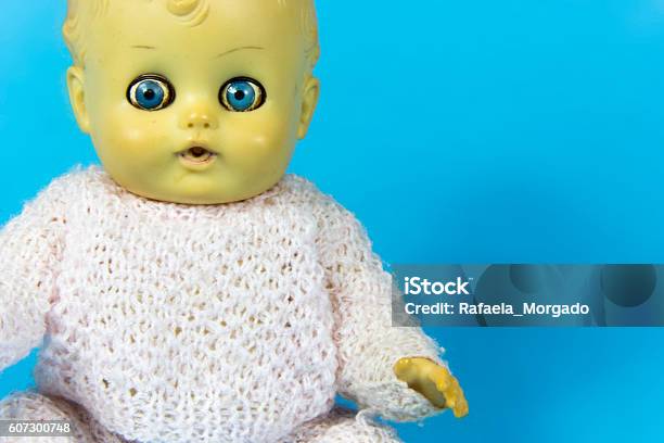 Vintage Doll Dolly Puppet Old Toy Retro Blue Background Infant Stock Photo - Download Image Now