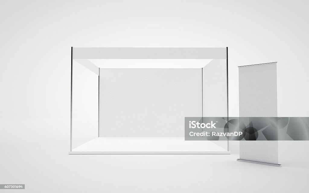 Trade show booth and Roll up. Mock up. 3D Render Market Stall Stock Photo