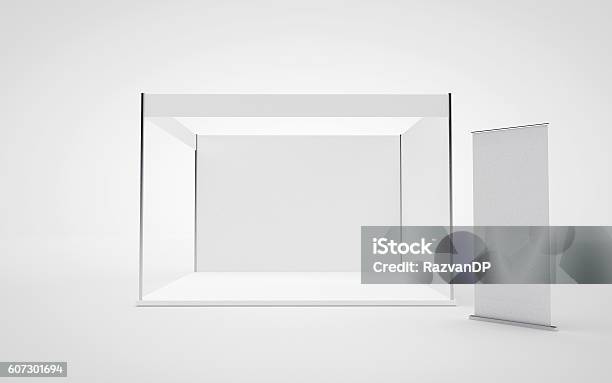 Trade Show Booth And Roll Up Mock Up 3d Render Stock Photo - Download Image Now - Market Stall, Kiosk, Exhibition