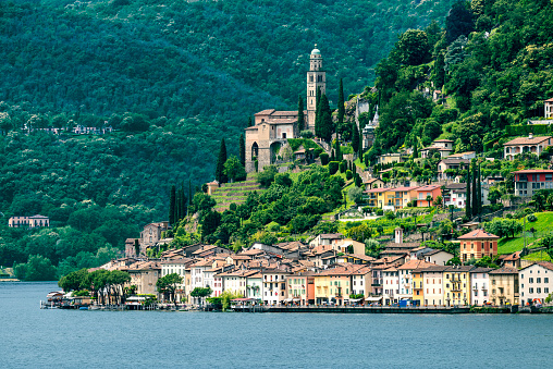 The Ceresio Lake (Ticino, Switzerland)), landscape at summer. Church of Santa Maria del Sasso seen from Brusino Arsizio
