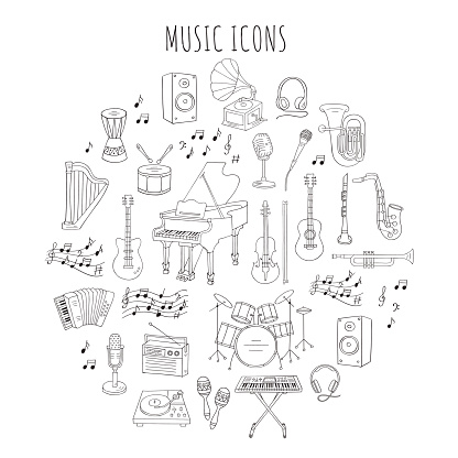Music icon set vector illustrations hand drawn doodle. Musical instruments and symbols piano, guitar, synthesizer, drum set, gramophone, microphone, violin, trumpet, accordion, saxophone, headphones.