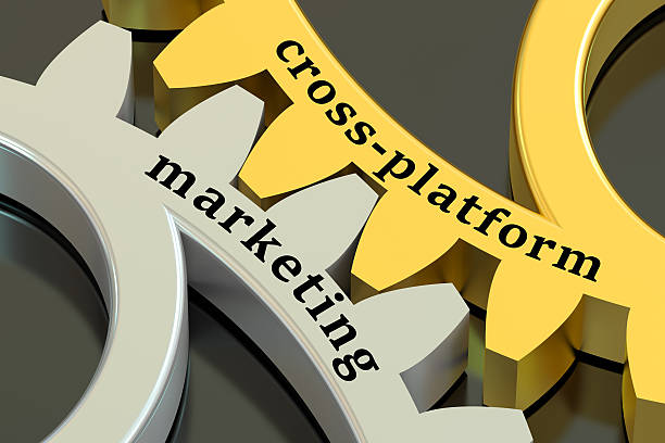 istock Cross-platform Marketing concept on the gearwheels, 3D rendering 607459396