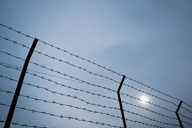 istock Silhouette of barbed wire on the fence. 607459740