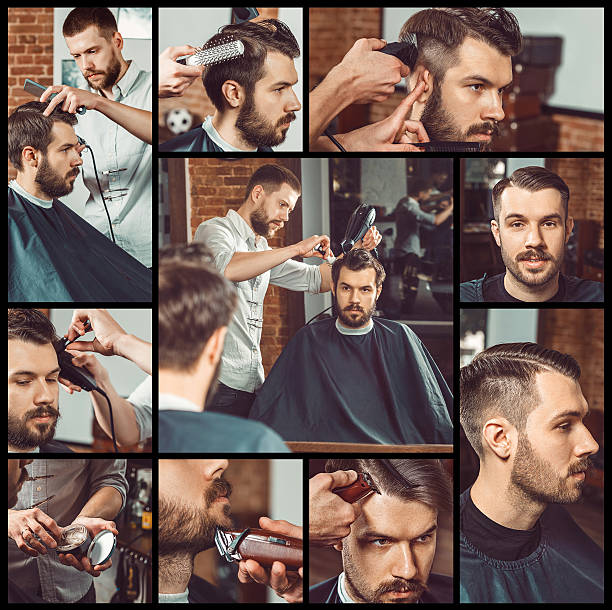Barber at work. Collage of handsome bearded man getting haircut and beard grooming at barbershop