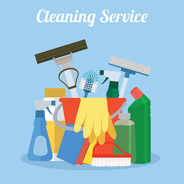Cleaning service. House cleaning services with various cleaning tools. Cleaning service flat illustration. Poster template for house cleaning services with various cleaning tools. maid stock illustrations