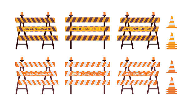Set of roadblock with light and cone Set of roadblock with light and cone isolated against the white background. Cartoon vector flat-style illustration palisade boundary stock illustrations