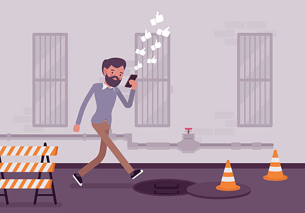 Man walks with smartphone to fall into a manhole Man walkis with smartphone to fall into a manhole. Cartoon vector flat-style concept illustration cartoon fishing hook stock illustrations