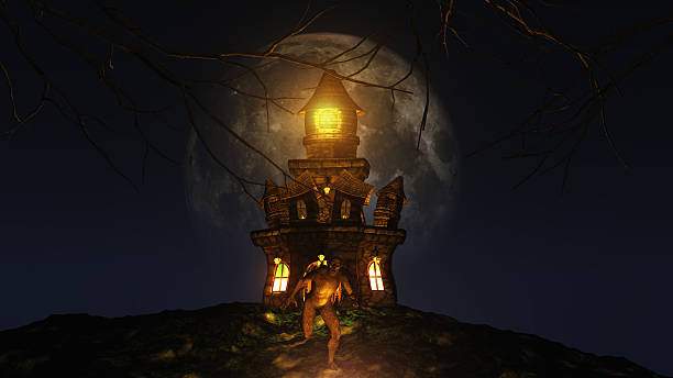 istock 3D Halloween background with creature running from spooky castle 607462458