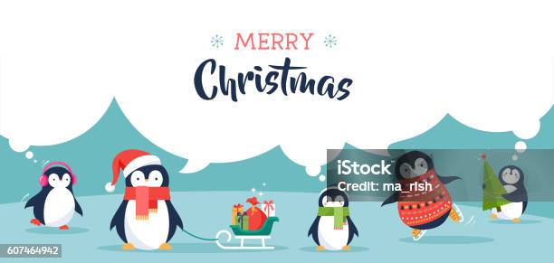 Bannière De Pingouins Mignons Joyeuses Salutations De Noël Vecteurs libres de droits et plus d'images vectorielles de Manchot