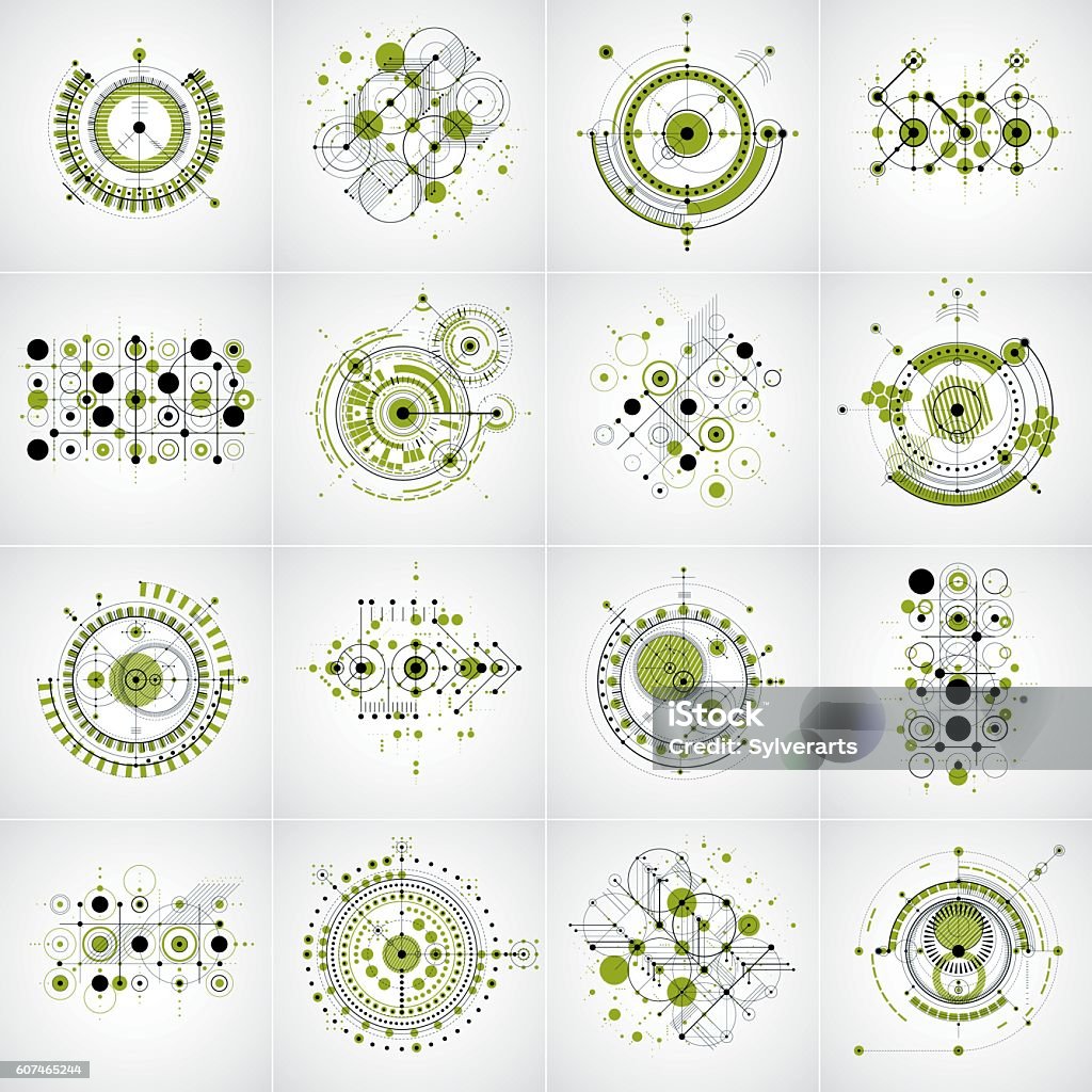 Bauhaus art.  Set of modular vector wallpapers made using lines Bauhaus art.  Set of modular vector wallpapers made using lines and circles. Retro style patterns, graphic backdrops for use as booklet cover templates. Illustration of engineering system. 1960-1969 stock vector