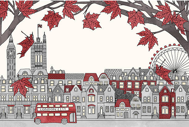 London in autumn colorful hand drawn illustration of the city with red maple branches london england illustrations stock illustrations