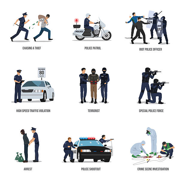 illustrations, cliparts, dessins animés et icônes de ensemble de policiers. concept de policier au travail. - weapon burglary thief burglar