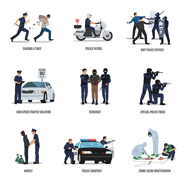 Set of policeman. Policeman at work concept. Illustration of policeman at work. stealing crime illustrations stock illustrations