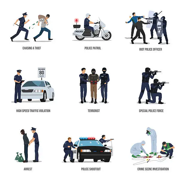 Vector illustration of Set of policeman. Policeman at work concept.