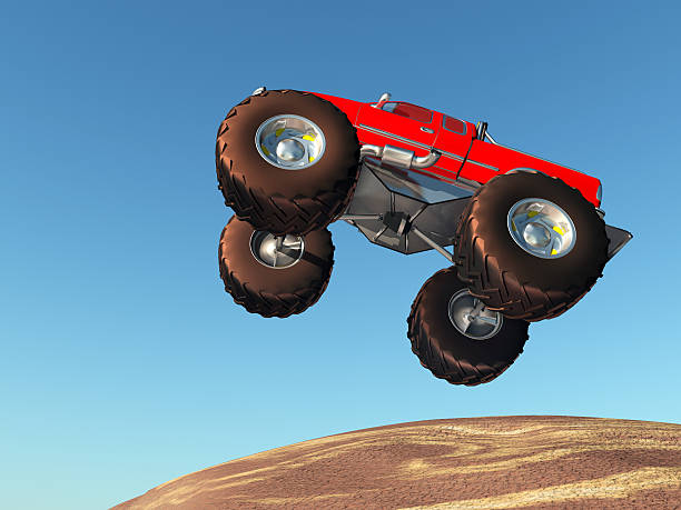 Monster truck Computer generated 3D illustration with a flying monster truck against a blue sky hopper car stock pictures, royalty-free photos & images