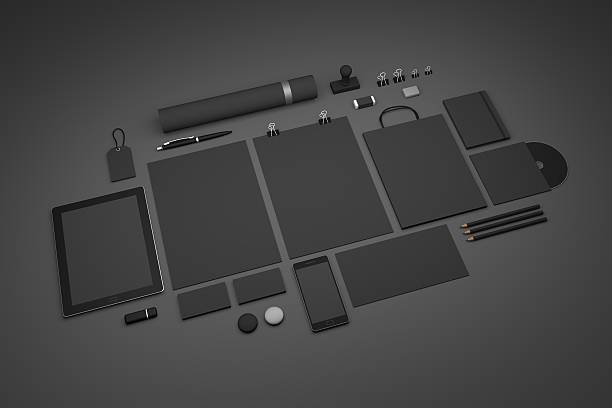 istock Dark black set of branding 3D illustration mockup template 607472420