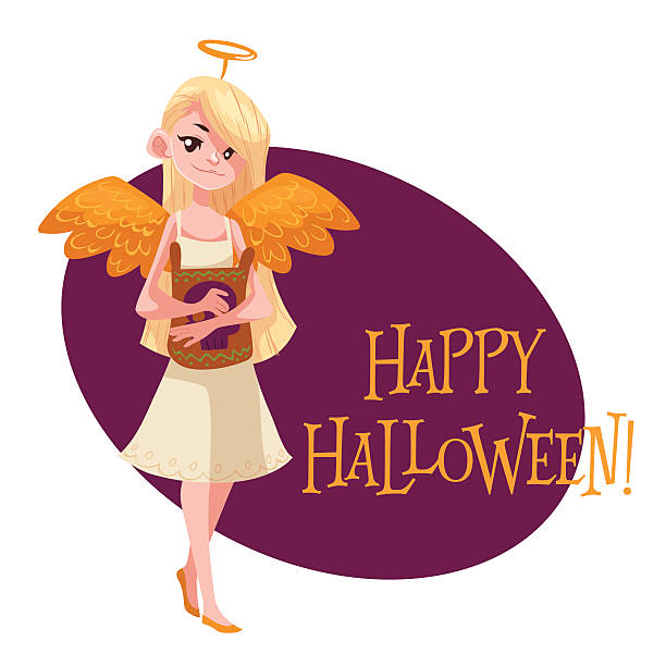 glückliches mädchen als engel für halloween verkleidet - humor inspiration angel child stock-grafiken, -clipart, -cartoons und -symbole