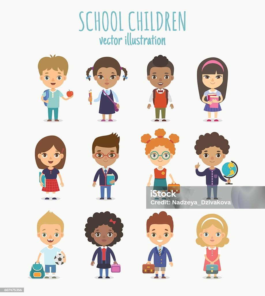 Back to school Set of vector cute school children isolated on white background. Different nationalities and dress styles pupils. Child stock vector