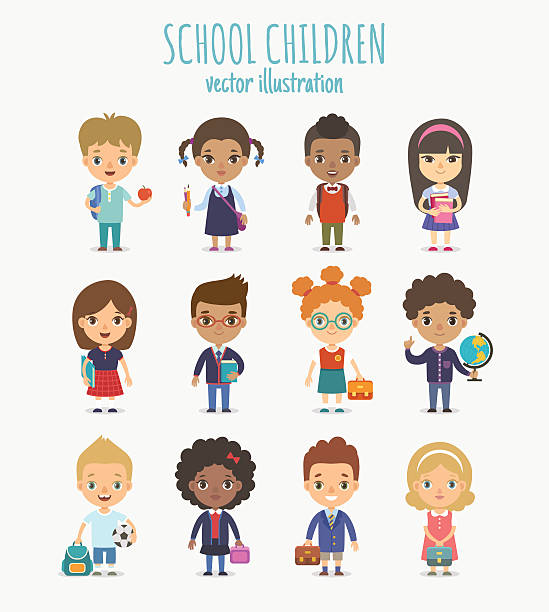 Back to school Set of vector cute school children isolated on white background. Different nationalities and dress styles pupils. clipart of school supplies stock illustrations