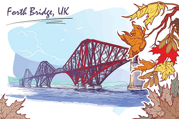 포스 브리지 가을 잎 프레임에 스케치를 그린 - firth of forth rail bridge bridge edinburgh europe stock illustrations