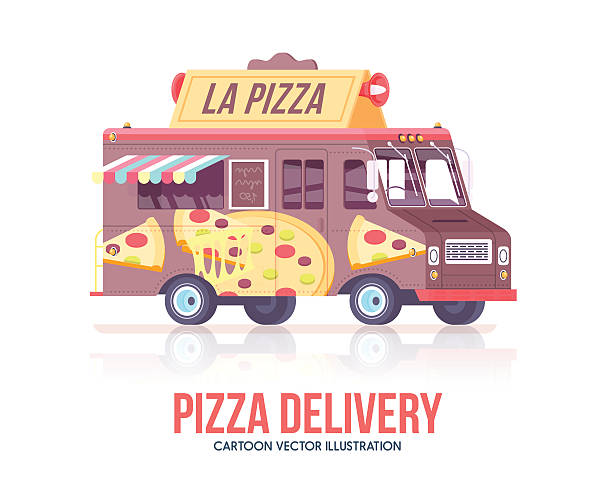 pizza truck. vector pizza wagon. delivery service. flat illustration. - van vleuten 幅插畫檔、美工圖案、卡通及圖標