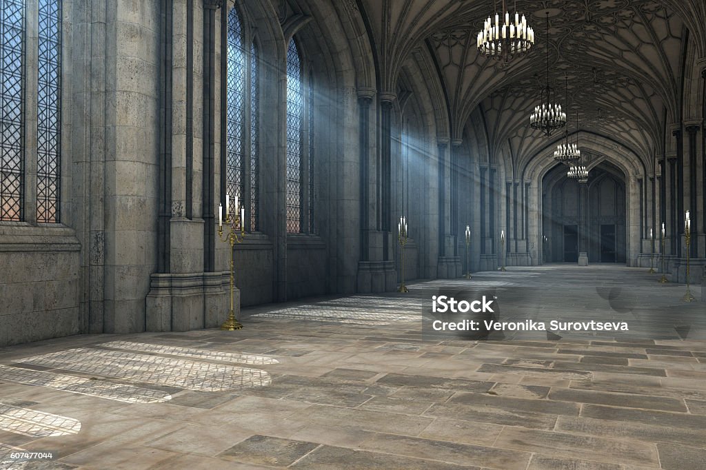 illustration 3d de l'intérieur de la cathédrale gothique. - Photo de Château libre de droits