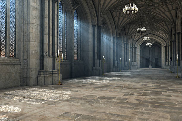 ilustração 3d interior da catedral gótica - castle imagens e fotografias de stock