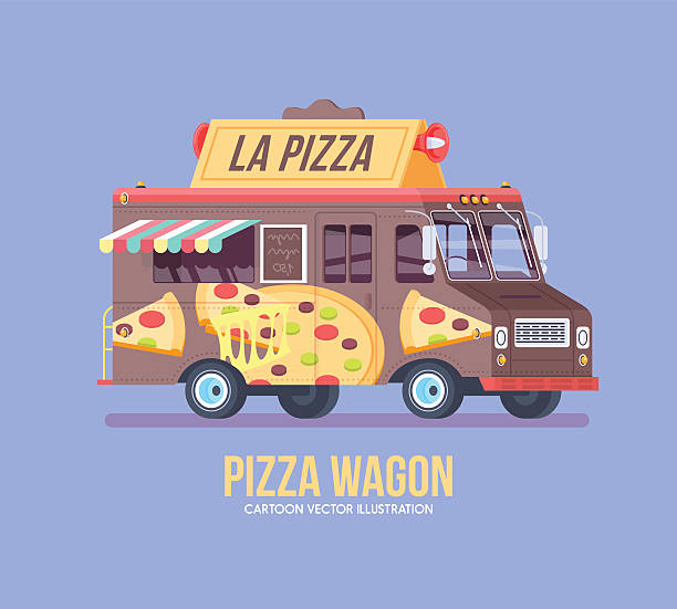 colorful vector pizza truck. modern flat illustration. - van vleuten 幅插畫檔、美工圖案、卡通及圖標