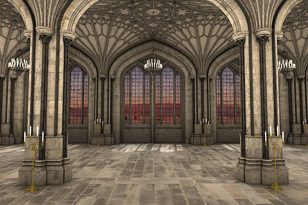 illustration 3d de l'intérieur de la cathédrale gothique. - inside of indoors castle column photos et images de collection