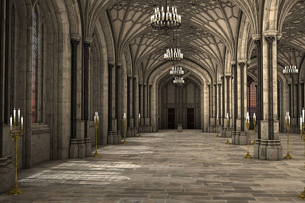 catedral gótica interior 3d ilustração - cathedral gothic style indoors church - fotografias e filmes do acervo