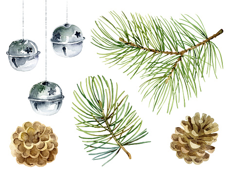 Christmas set of design elements with fir branches, balls and cones. Watercolor illustration