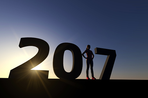 3D render of a silhouette 2017 message. A female figure is standing in the number one position. new year opportunity concept