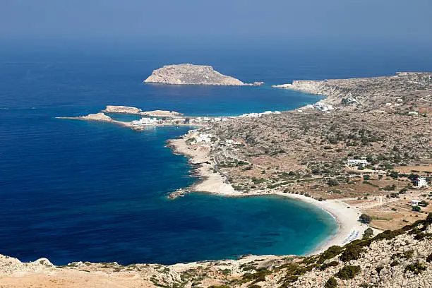 Looking down to bays around Lefkos with its crystalline waters and sandy beaches on Greek's island of Karpathos.