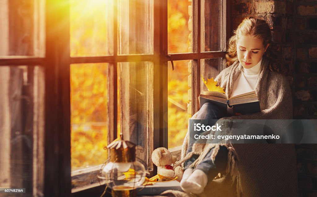 Happy young woman reading book by window in fall Happy young woman reading a book by the window in the fall Autumn Stock Photo