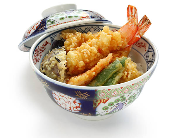 tendão ebi, tigela de tempura de camarão, comida japonesa - tendon - fotografias e filmes do acervo