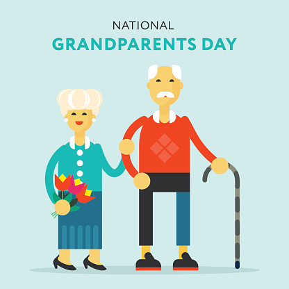 The illustration for national grandparents day -the senior happy couple standing and holding their hands. Flat design vector illustration.