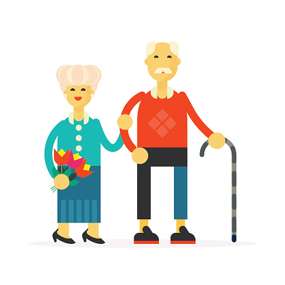 The illustration for national grandparents day -the senior happy couple standing and holding their hands. Flat design vector illustration.