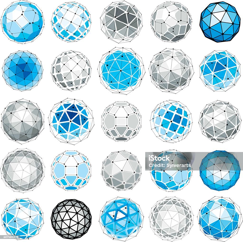 Set of vector low poly spherical objects with connected lines Set of vector low poly spherical objects with connected lines and dots, 3d geometric wireframe shapes. Perspective trigonometry facet orbs created with triangles, squares and pentagons. Sphere stock vector