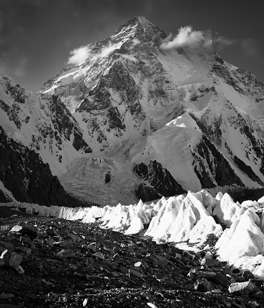 K2 (Chogori 8611m) second highest summit in thee world from Goodwin Austen glacier. Pakistan.Karakoram.