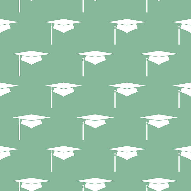 Graduation Cap Seamless Pattern Vector seamless pattern of white graduation caps on a green background. graduation designs stock illustrations