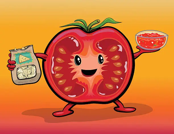 Vector illustration of Cute Tomato Character With Pico de Gallo Salsa & Chips