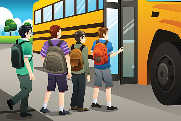 illustrations, cliparts, dessins animés et icônes de les enfants qui monteraient dans l’autobus scolaire - bus child waiting education