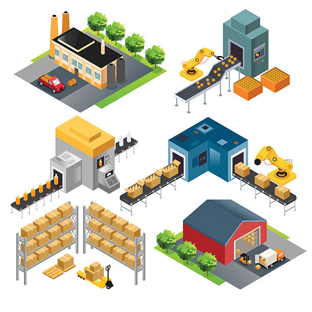 Isometric industrial factory buildings A vector illustration of isometric industrial factory buildings warehouse clipart stock illustrations