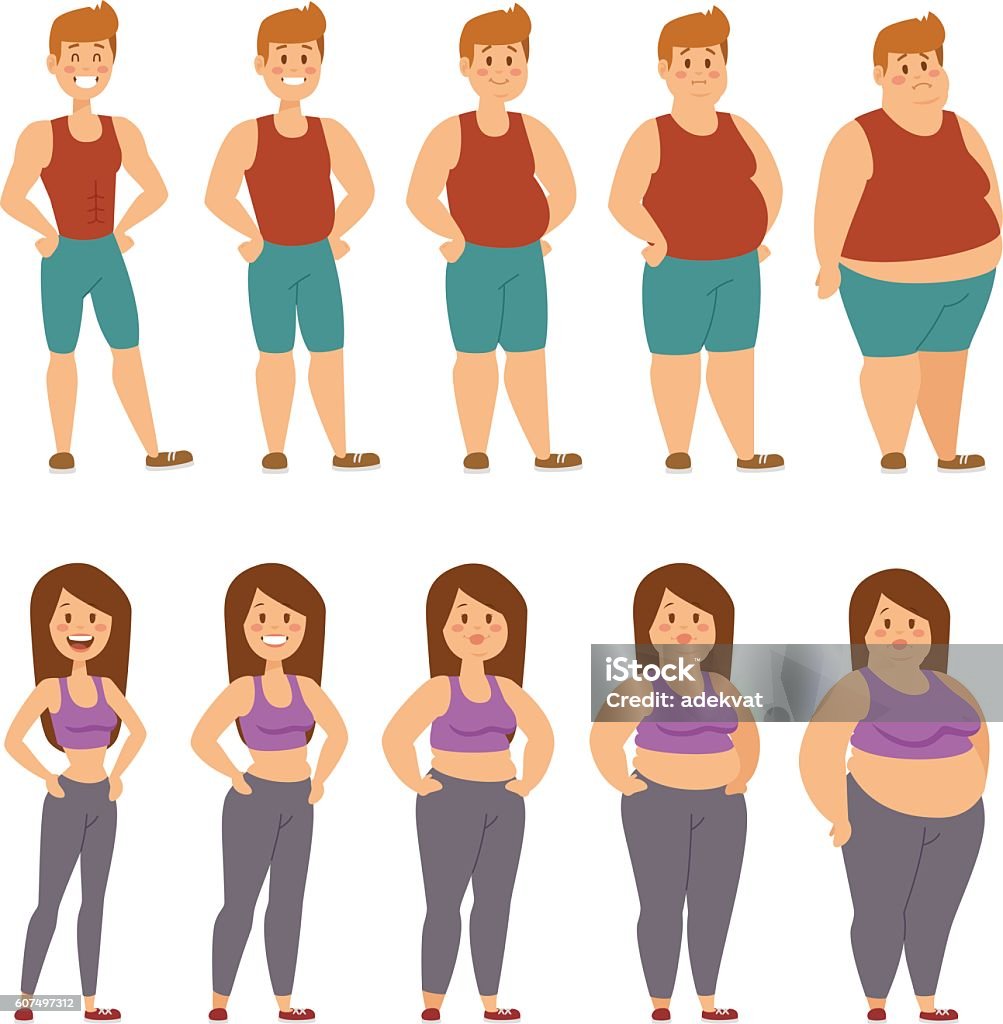 Fat Cartoon People Different Stages Vector Illustration Stock Illustration  - Download Image Now - iStock