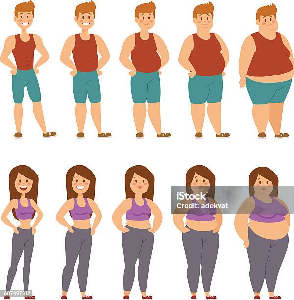 Fat Cartoon People Different Stages Vector Illustration Stock Illustration - Download Image Now