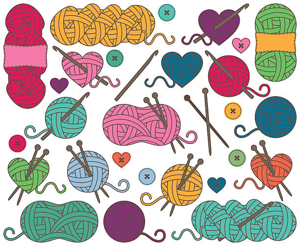 urocza kolekcja wektorowa kulek przędzy, motki przędzy - wool knitting heart shape thread stock illustrations