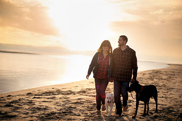 istock Attractive couple and their dog taking a walk on the 607497736
