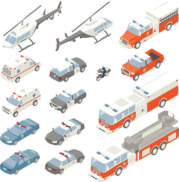 ilustrações de stock, clip art, desenhos animados e ícones de emergency vehicle spot illustrations - emergency services car urgency isometric