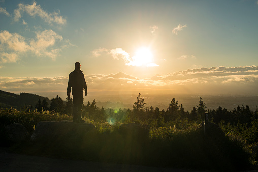 Single middle aged man admiring the view, Ticknock, Dublin mountains, Dublin, Ireland. 